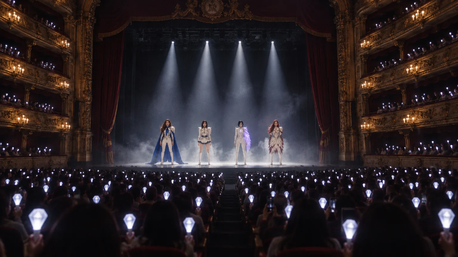 All four Midnight Crystal members on a grand theatre stage, with crystal lights in the audience
